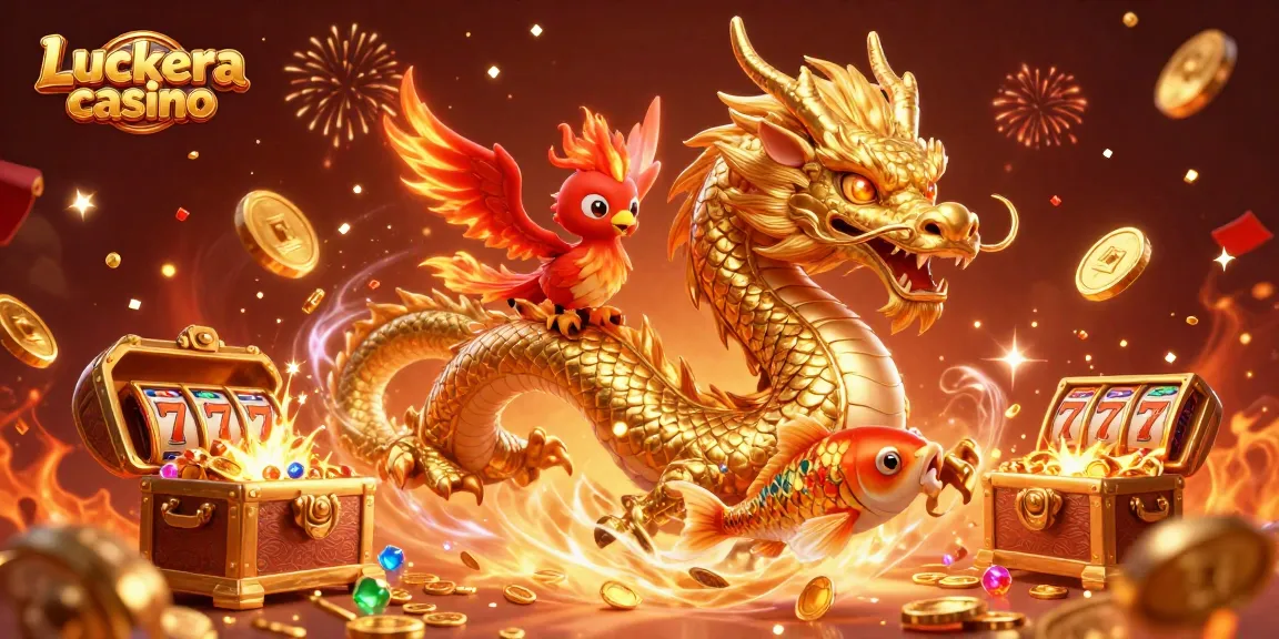 Engage with Luckera casino's vibrant scene featuring a dragon, phoenix, and koi fish amidst slot reels.