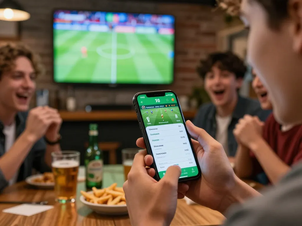 Placing bets on Thể Thao MM99 during live football match in a vibrant sports bar setting