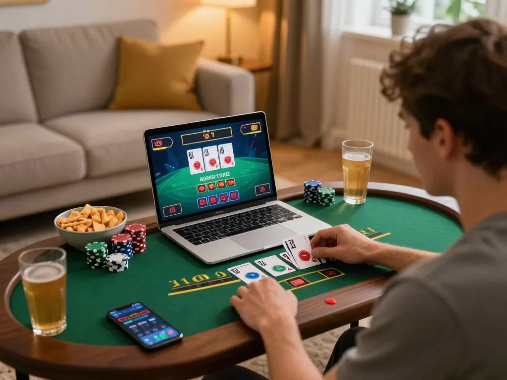 Player enjoying a live dealer blackjack game on a laptop, showcasing cm8888 strategy in a cozy home setup.