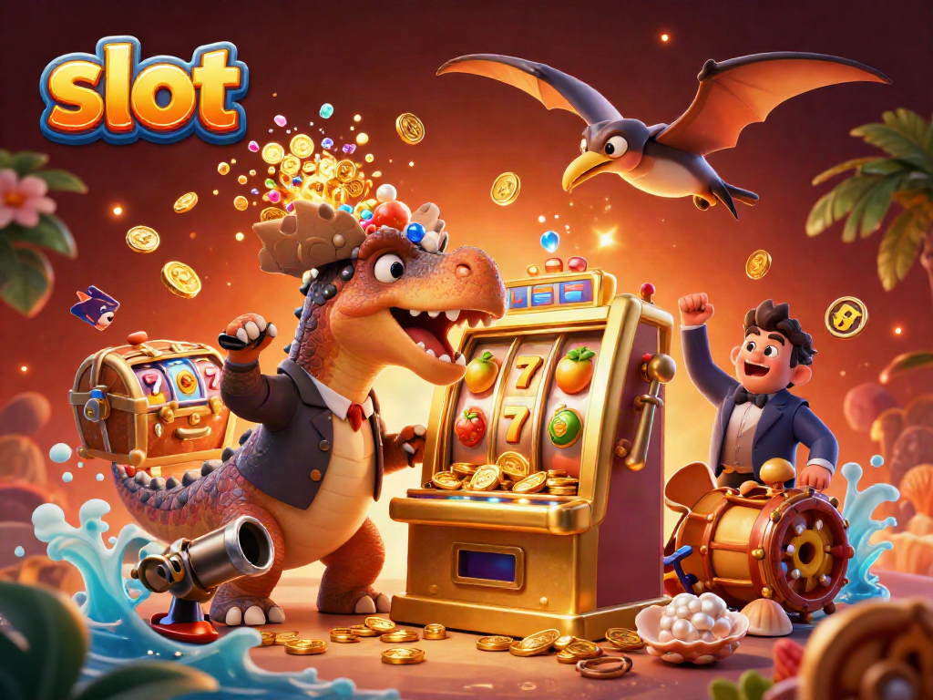 Slot mesin yang dihempaskan oleh pachycephalosaurus mengeluarkan koin jackpot dalam suasana kasino.