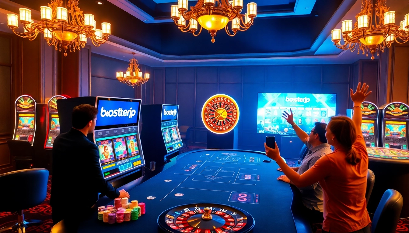 Players winning big at boosterjp slots in a luxurious casino environment.