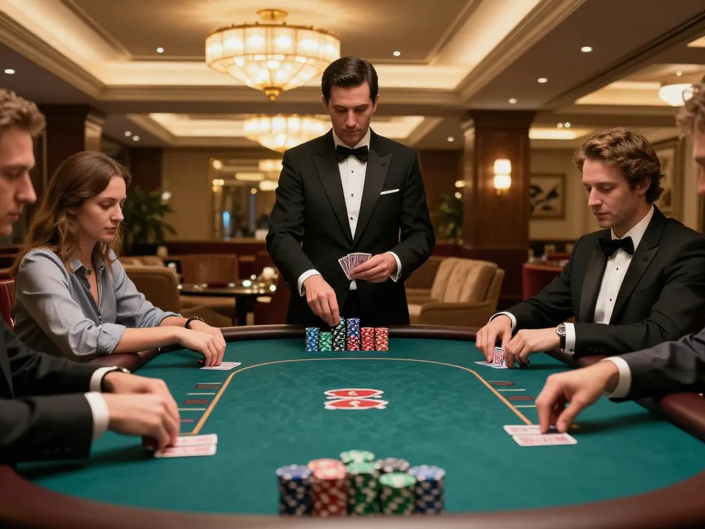 Players at HUBET poker table focused on strategy and deals in an upscale casino