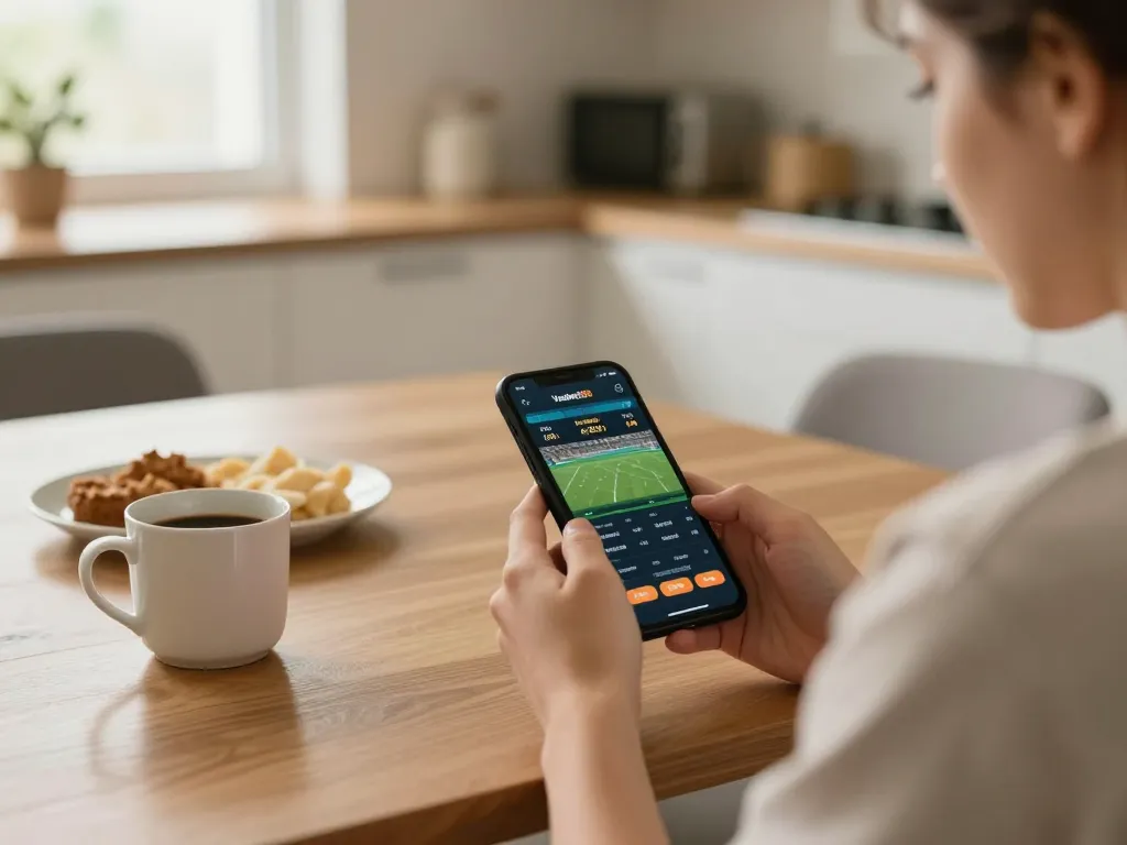 Engaged user betting on Vuabet88 via smartphone at home, showcasing casual gaming setup.