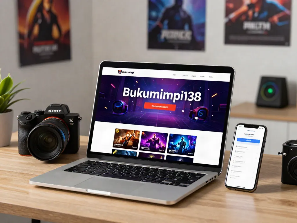 Pengguna menjelajahi bukumimpi138 link di laptop dengan semangat, lingkungan kantor rumah modern.
