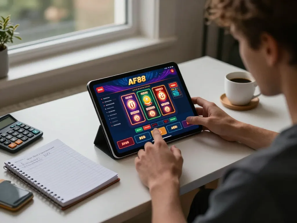 Engaging online gaming setup on AF88 with user strategizing on tablet and notes