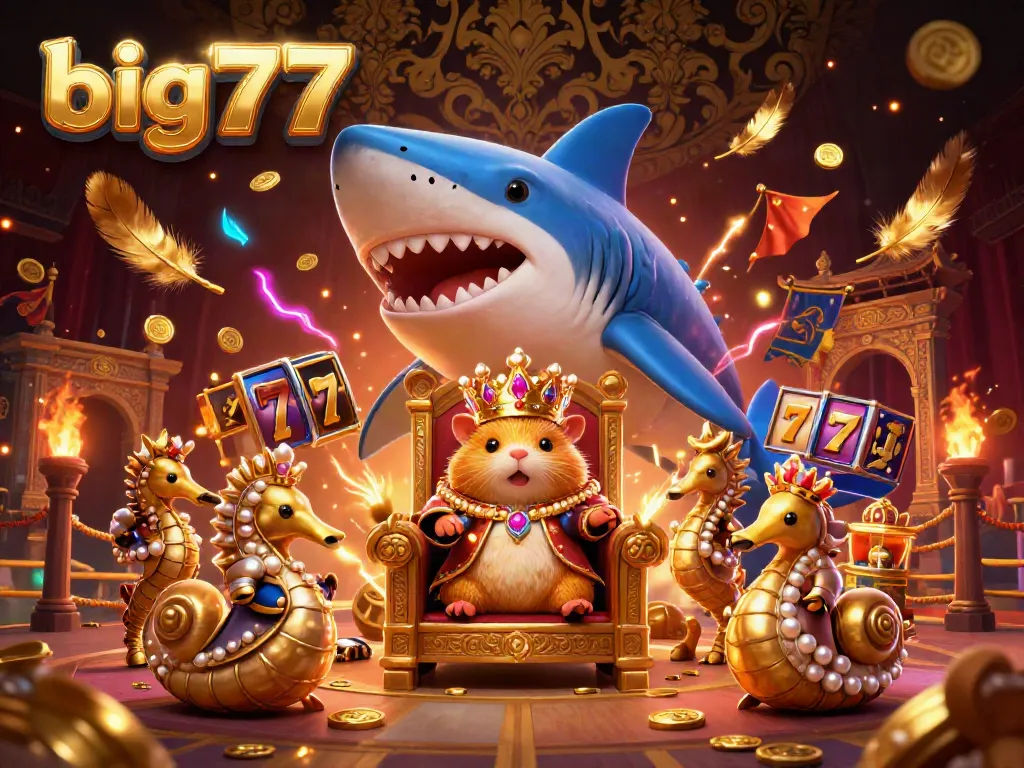 Engage with big777's vibrant casino world, featuring a golden hamster king and seahorse guards in a dazzling slot scene.