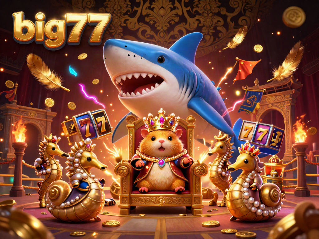 Engage with big777's vibrant casino world, featuring a golden hamster king and seahorse guards in a dazzling slot scene.