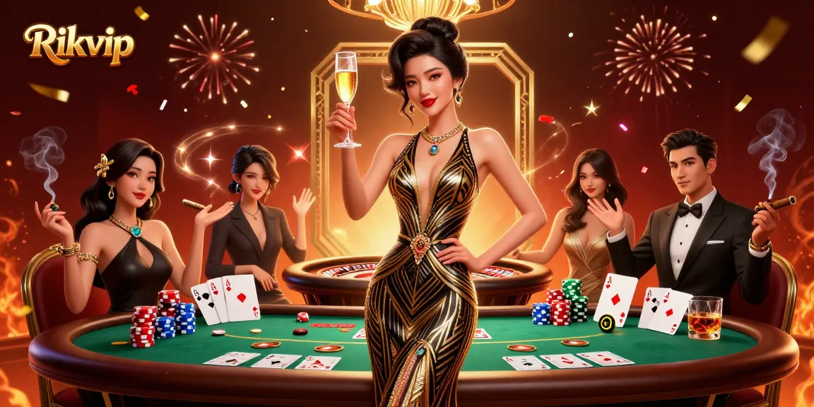 Play and win at Rikvip with this lavish casino scene featuring poker and celebration.