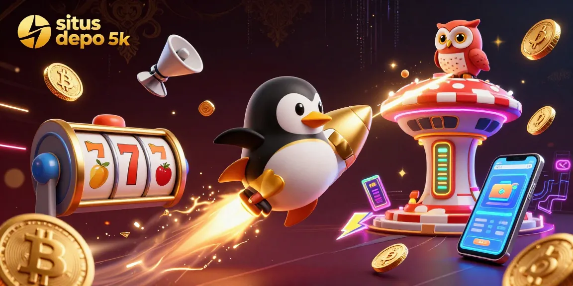 Spin to win with situs depo 5k at our vibrant casino illustration featuring exciting slots and colorful coins.
