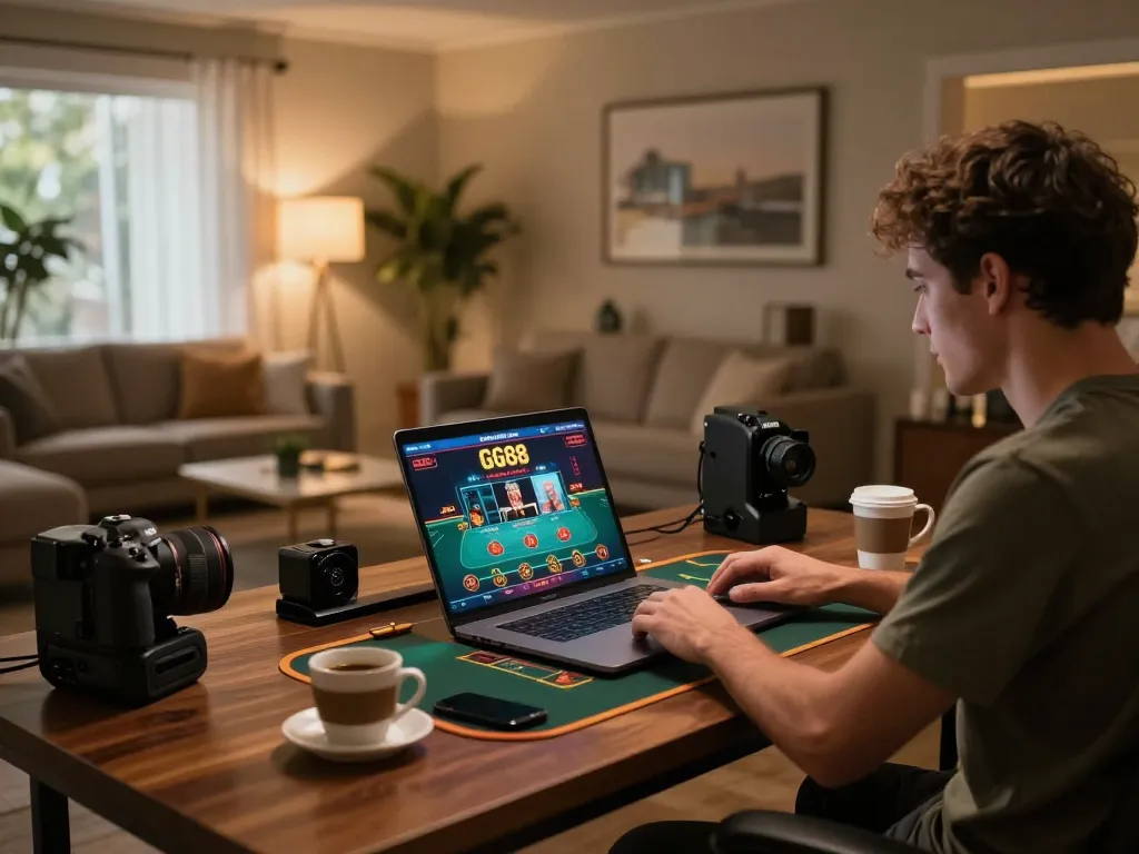 GG88 player enjoying live dealer game in a cozy home office setup, showcasing modern online gaming.