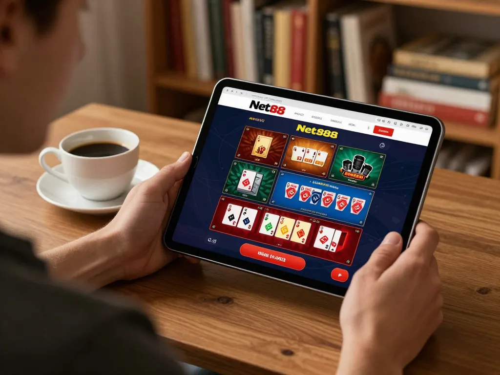 Engaged player exploring Net88 online casino games on a tablet in a cozy home setting.