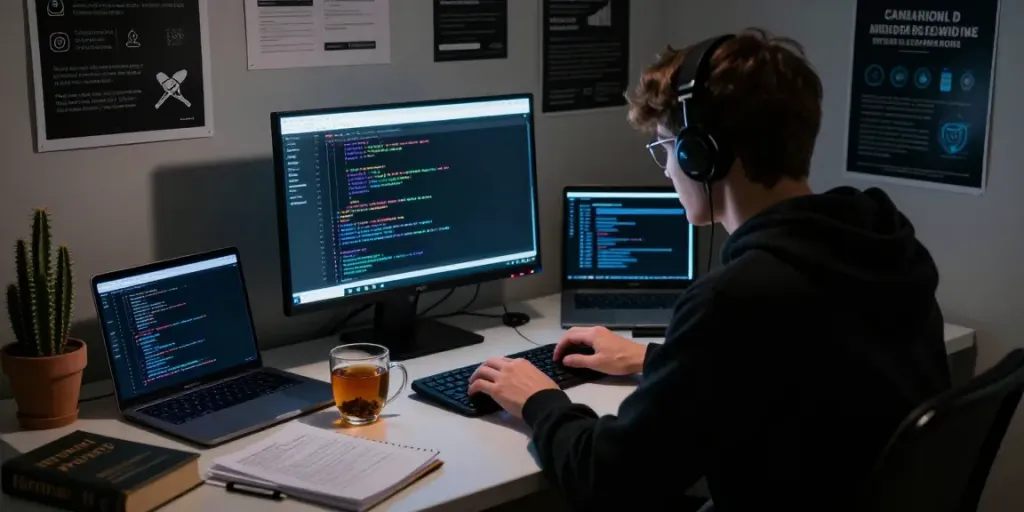 Exploring the hidden wiki dark web in a dimly lit room with a person researching on a laptop.