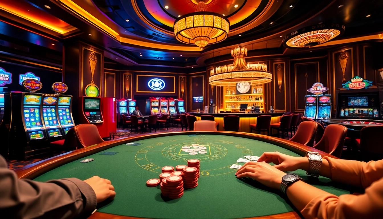 Experience thrilling gaming at https://dn882.pro/ immersive poker and casino atmosphere with vibrant slot machines.