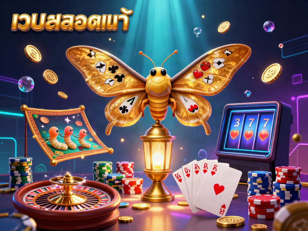 Engage with the vibrant action of เว็บสล็อตแท้ as golden coins cascade around a colorful casino scene.