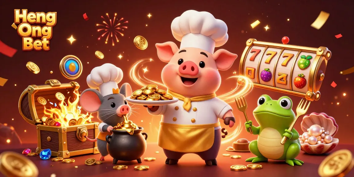 Experience Heng Ong Bet with a vibrant casino scene featuring gold coins, playful characters, and exciting slot reels.
