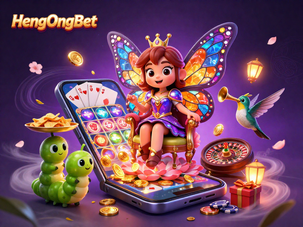 Engage with HengOngBet's vibrant casino experience featuring a grand butterfly queen.
