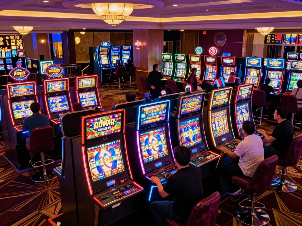 Players enjoying slot gacor machines in a lively casino atmosphere with vibrant lights and excitement