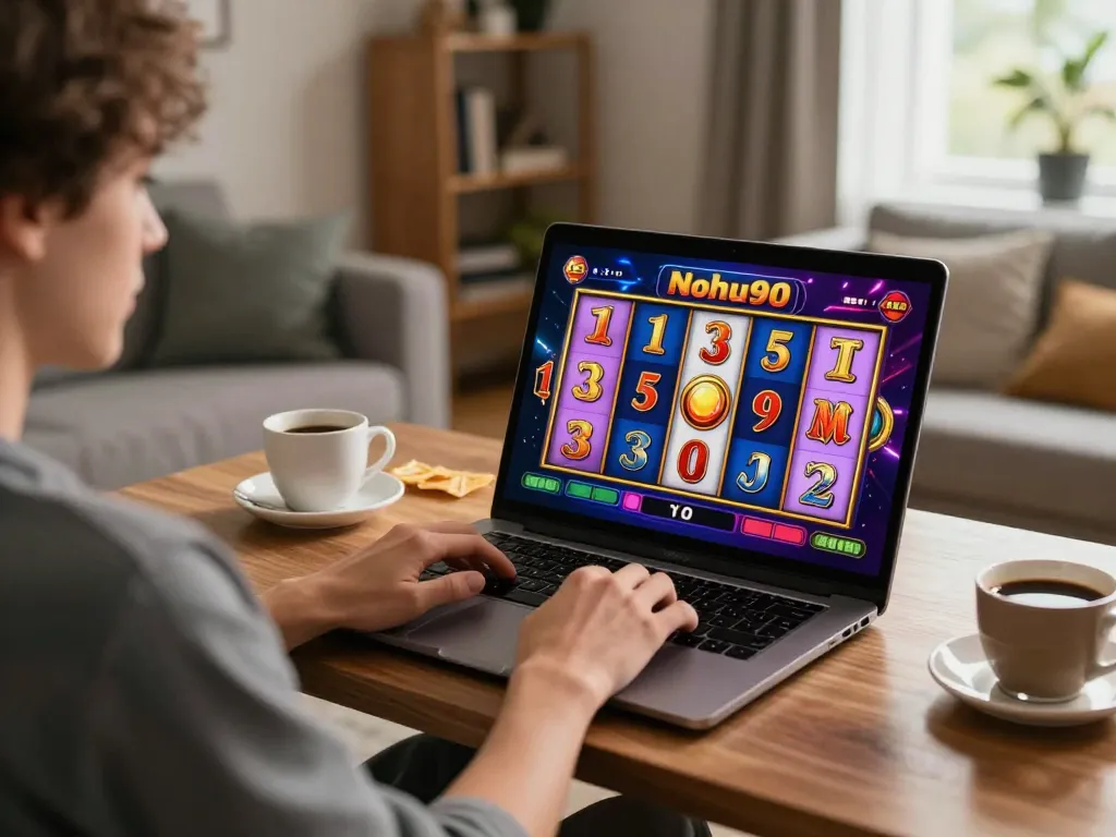 Nohu90 player enjoying exhilarating slot game experience in cozy home setting