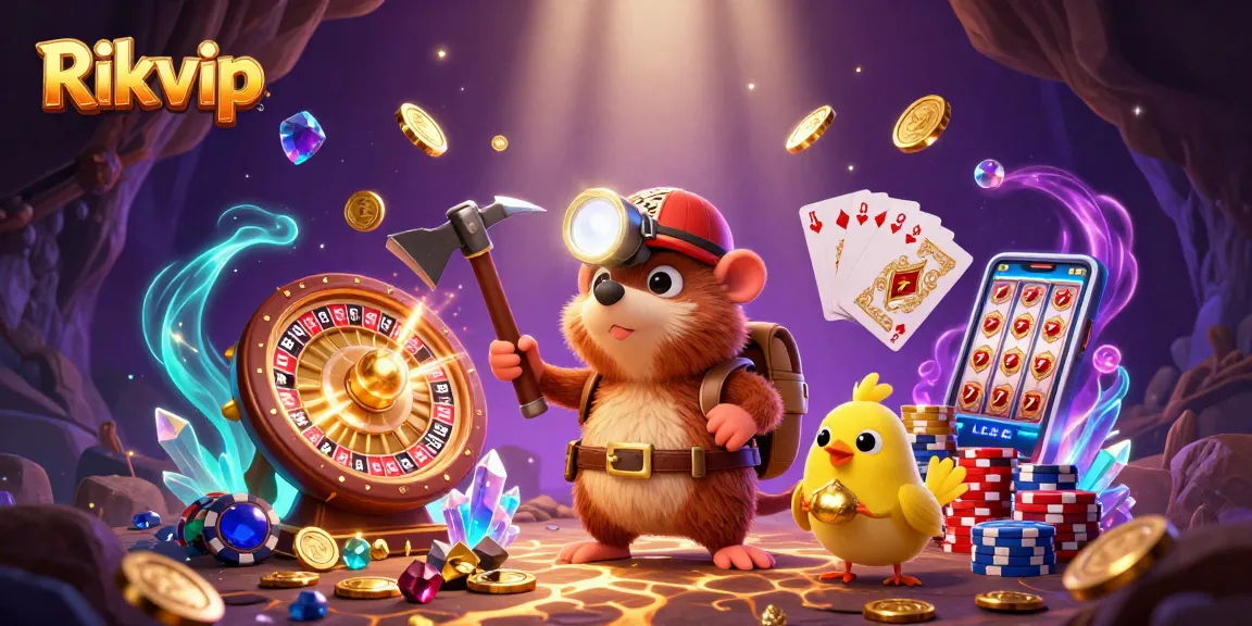 Engage with Rikvip's vibrant 3D treasure hunter scene bringing casino excitement to life with sparkling elements.