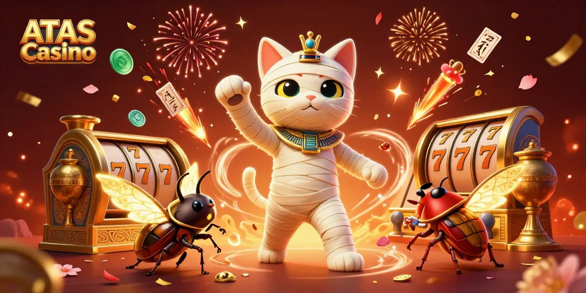 ATAS Casino illustration featuring a mummy cat in a vibrant gaming scene with floating slot reels, vibrant confetti, and festive fireworks.