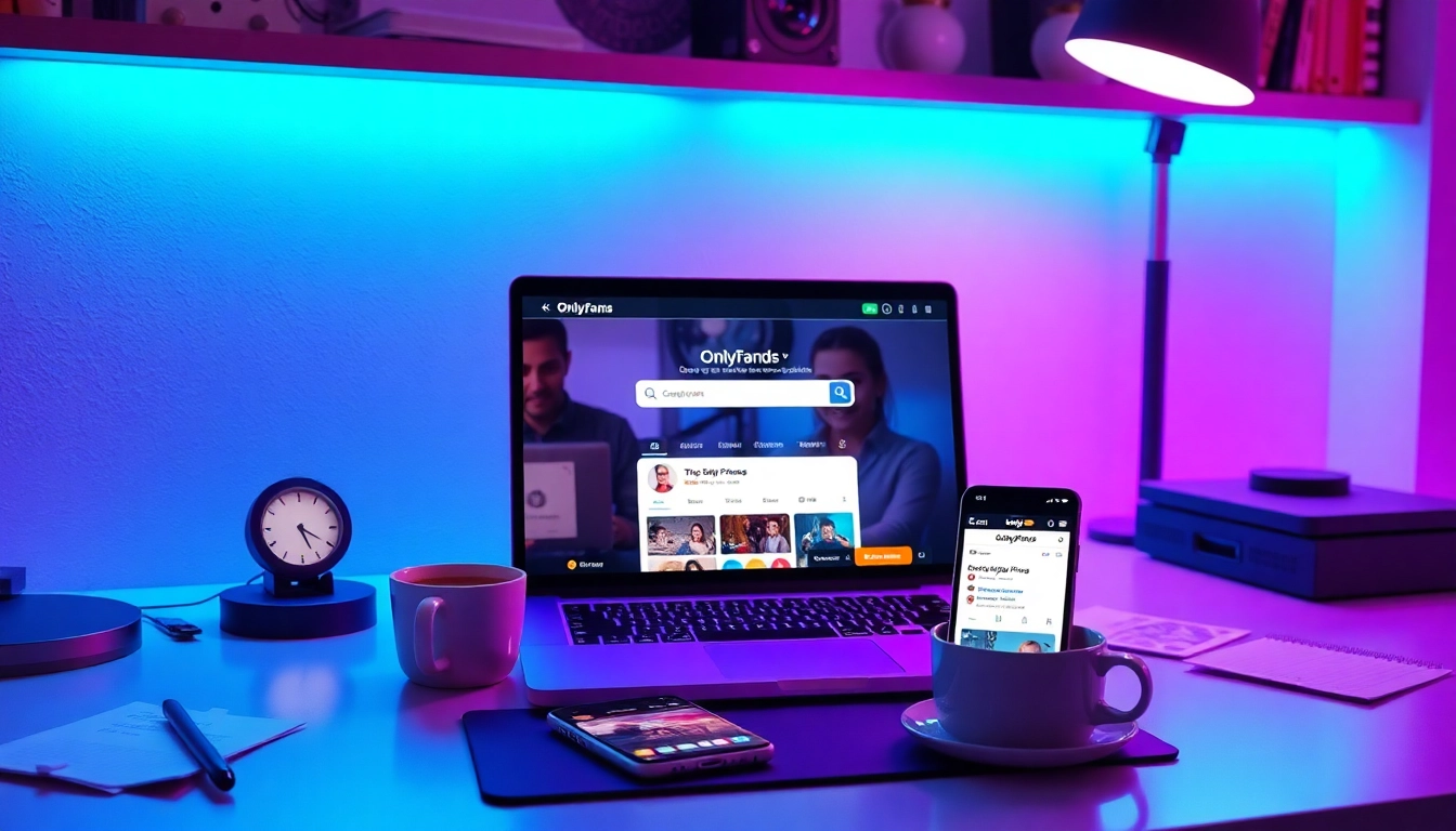 Engaging OnlyFans Search results displayed on a modern laptop in a vibrant workspace.