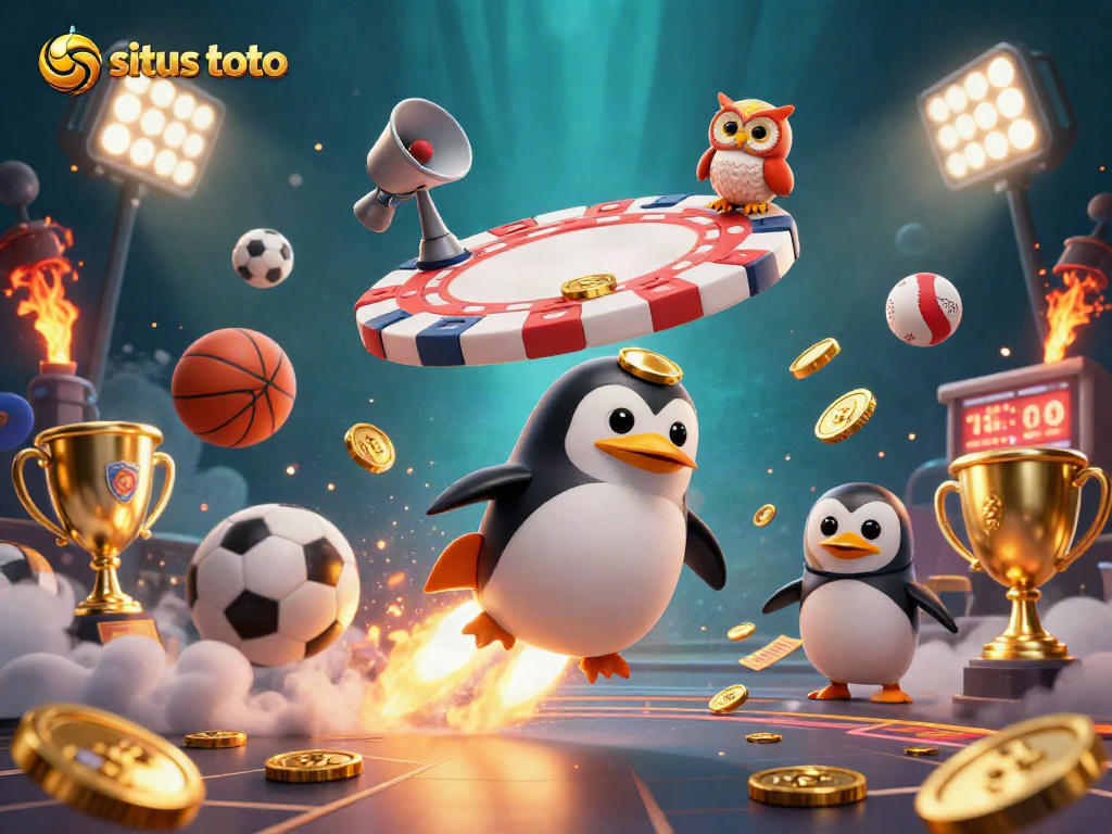 Witness the thrill of situs toto with a dynamic 3D penguin and casino elements in space.