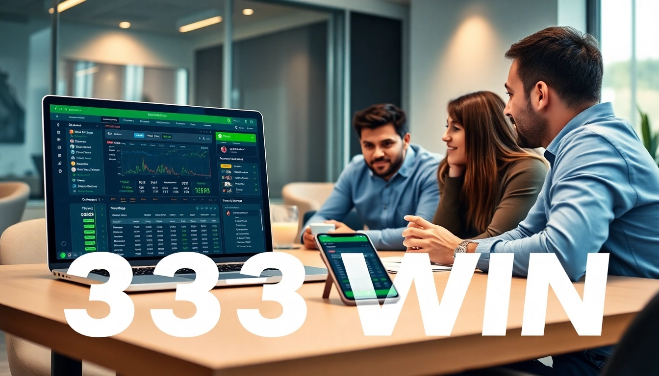 Engaging scene of diverse individuals discussing online betting strategies with 33WIN on digital devices.
