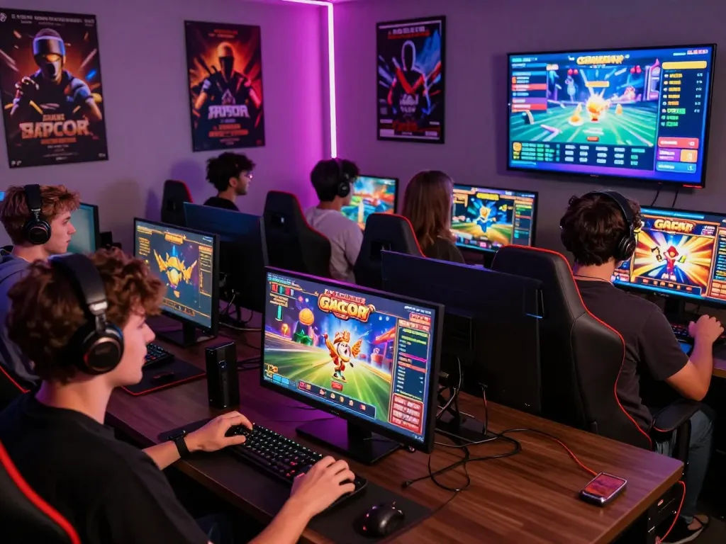 Excited gamers playing slot gacor games in a vibrant lounge environment, showcasing thrilling graphics and community atmosphere.