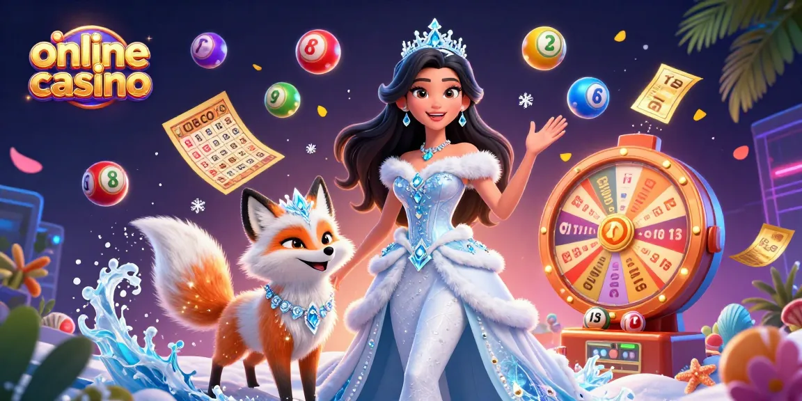 Engage in thrilling online casino gaming with a stunning ice queen and dynamic lottery visuals.