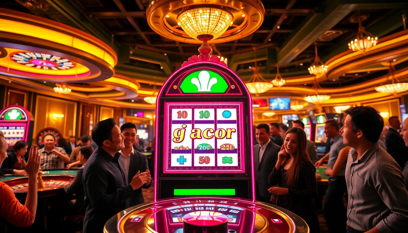 Excited players engaging with a glamorous 'slot gacor' machine in a vibrant casino atmosphere.
