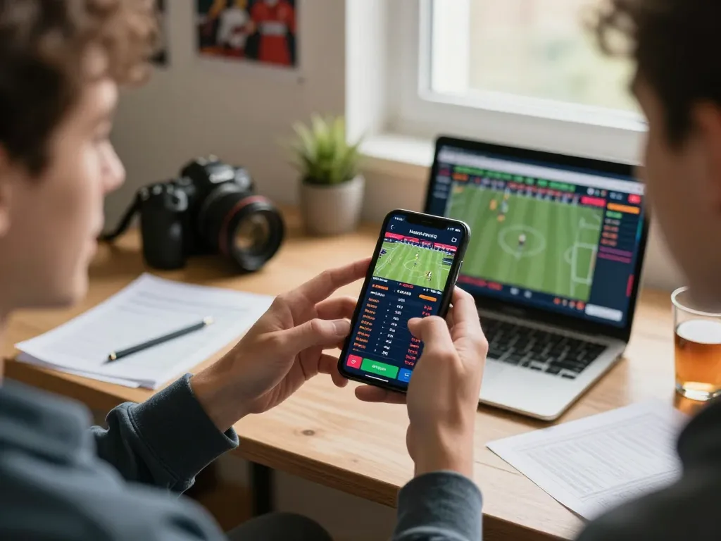 Tr88 user placing bets on smartphone during live sports match, engaged in strategic online gaming