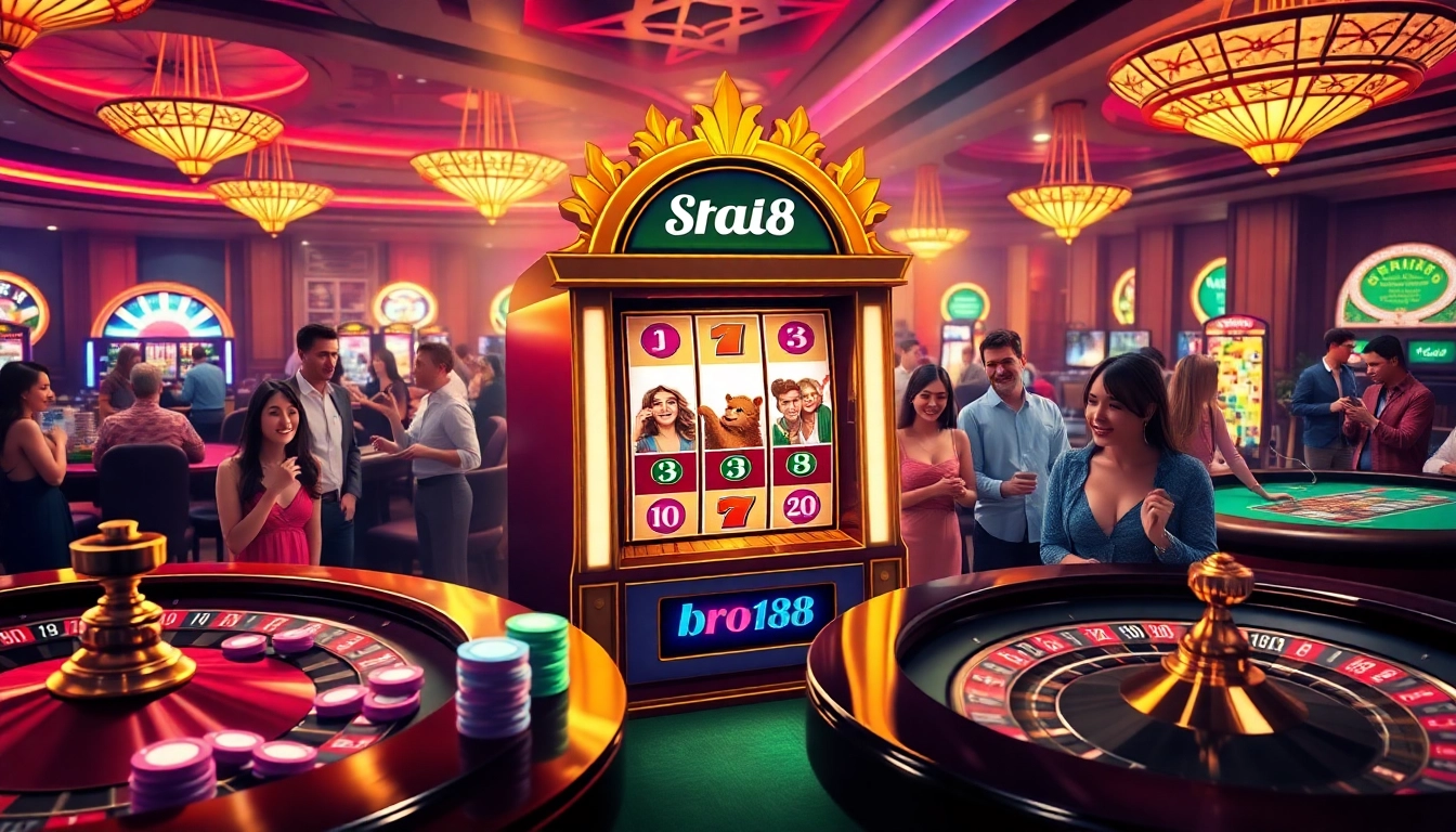 Players enjoy a thrilling experience at bro138's premium slot machines in a vibrant casino atmosphere.