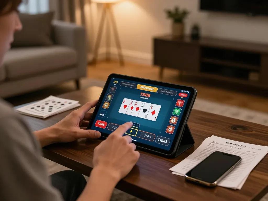 TD88 player engaged in online poker with tablet, showcasing strategic gameplay at home.