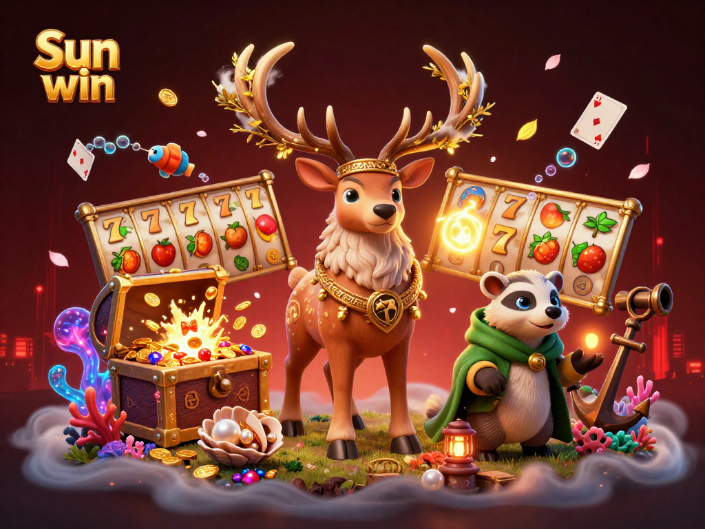 Engage with Sun win's vibrant visuals featuring a Celtic stag and treasures in a dynamic casino scene.