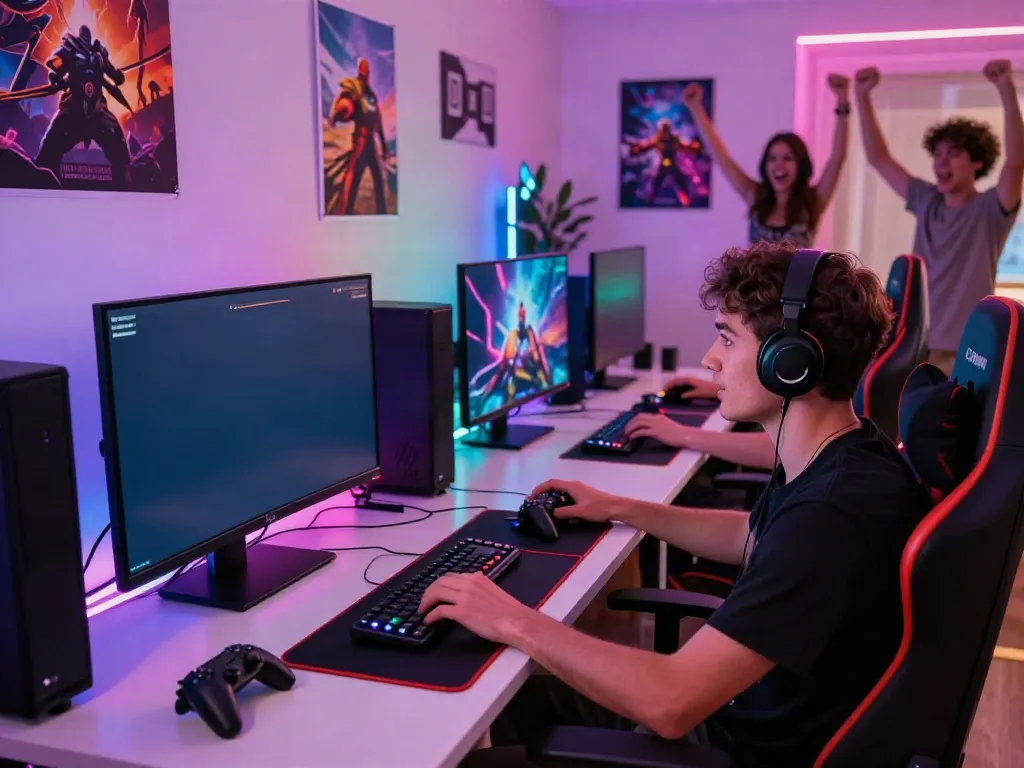 Gamer bermain di platform nyonya4d dengan suasana menyenangkan di ruang tamu modern.
