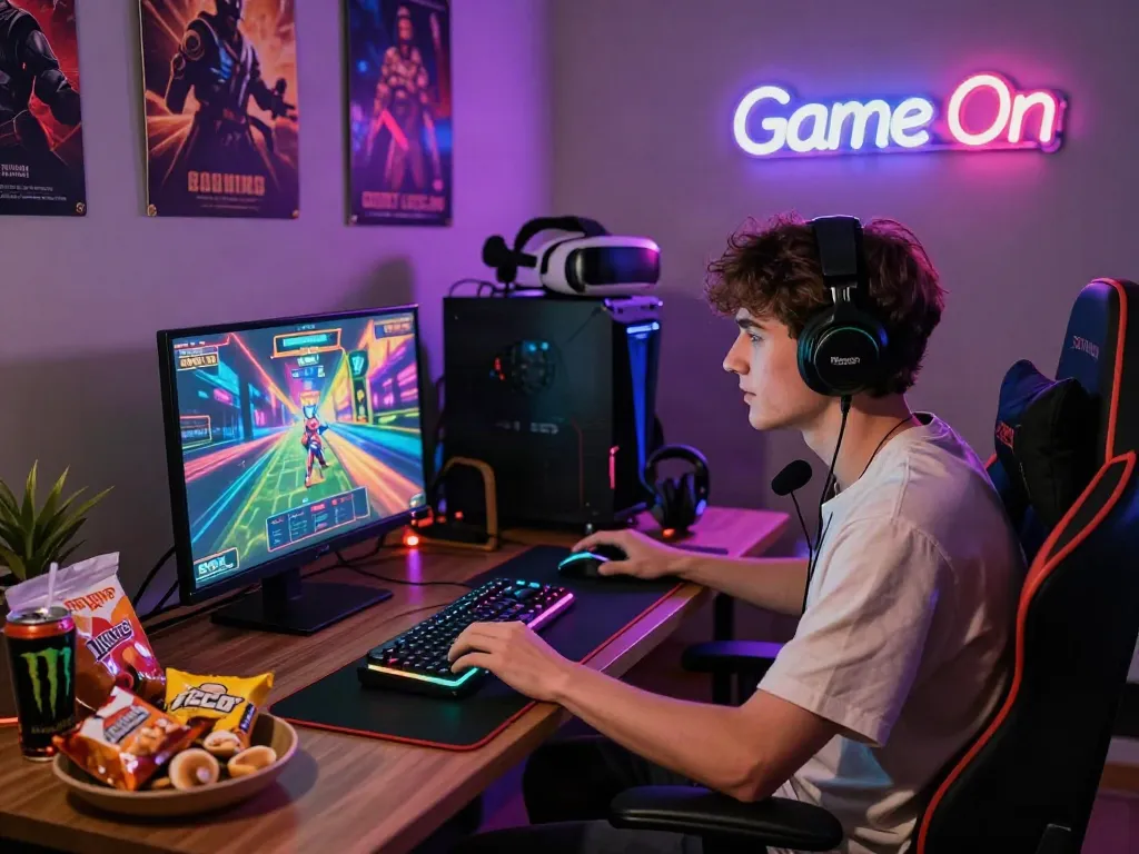 Engaging online gaming session on hotwin88 with vibrant accessories and cozy atmosphere.