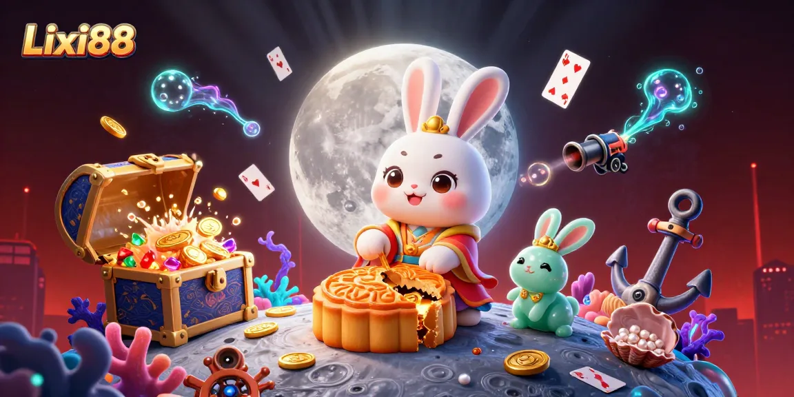 Lixi88 offers an immersive experience with a lunar rabbit scene, combining nature and gambling elements in a vibrant casino-themed illustration.