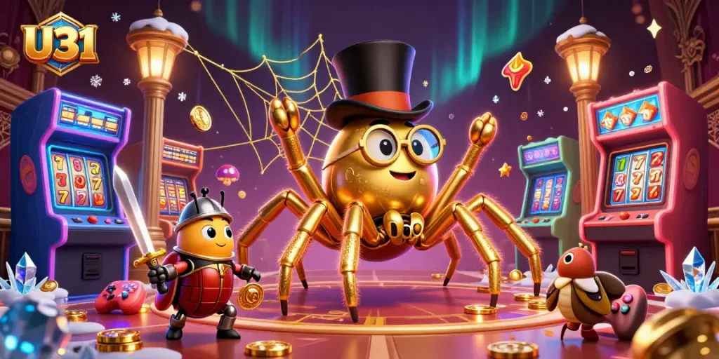 U31's vibrant casino scene showcases a golden tarantula, beetle knight, and gaming elements.