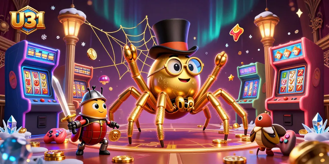 U31's vibrant casino scene showcases a golden tarantula, beetle knight, and gaming elements.