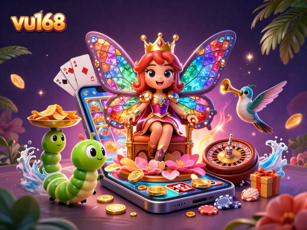 Experience the magic of vu168 with the butterfly queen amidst a vibrant casino scene.