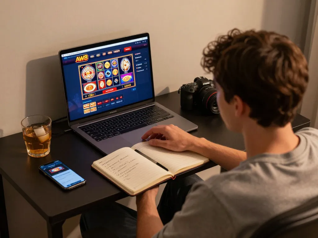 Engaging in online gambling at AW8 from a cozy home setting, showcasing laptop and live dealer games.