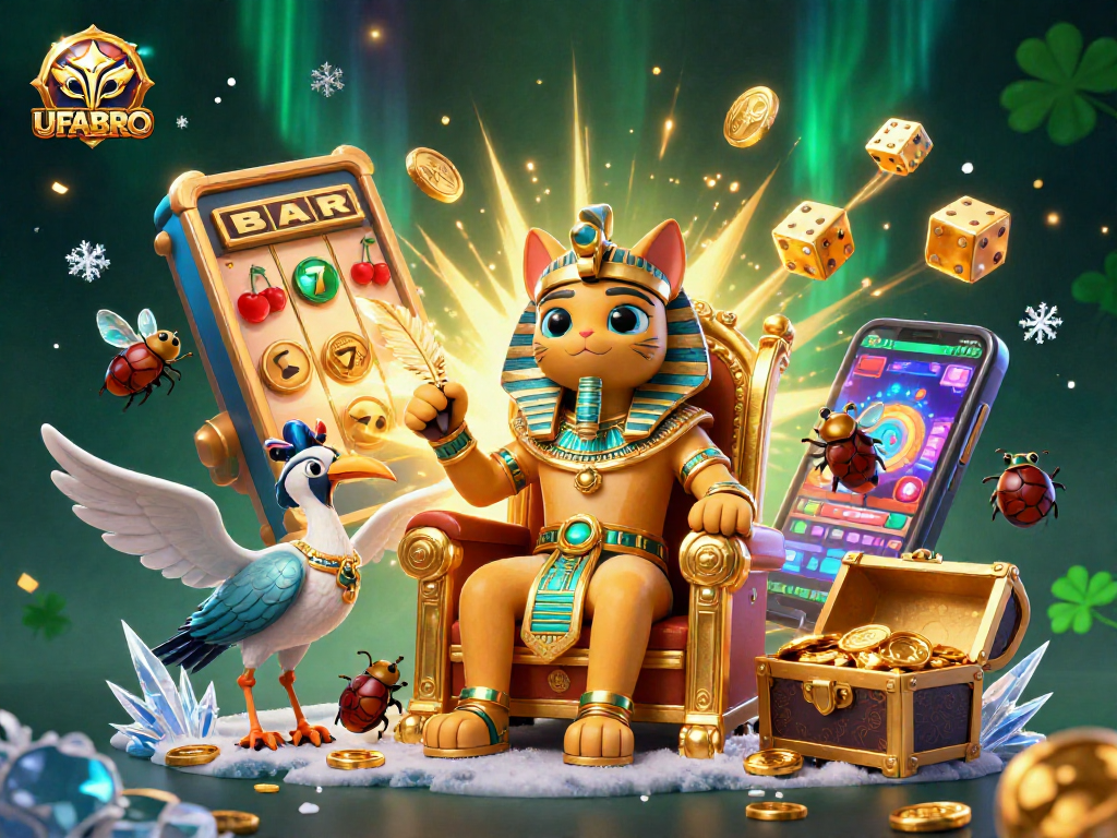 Engage with UFABRO's vibrant gambling universe with an Egyptian pharaoh cat and thrilling casino elements.