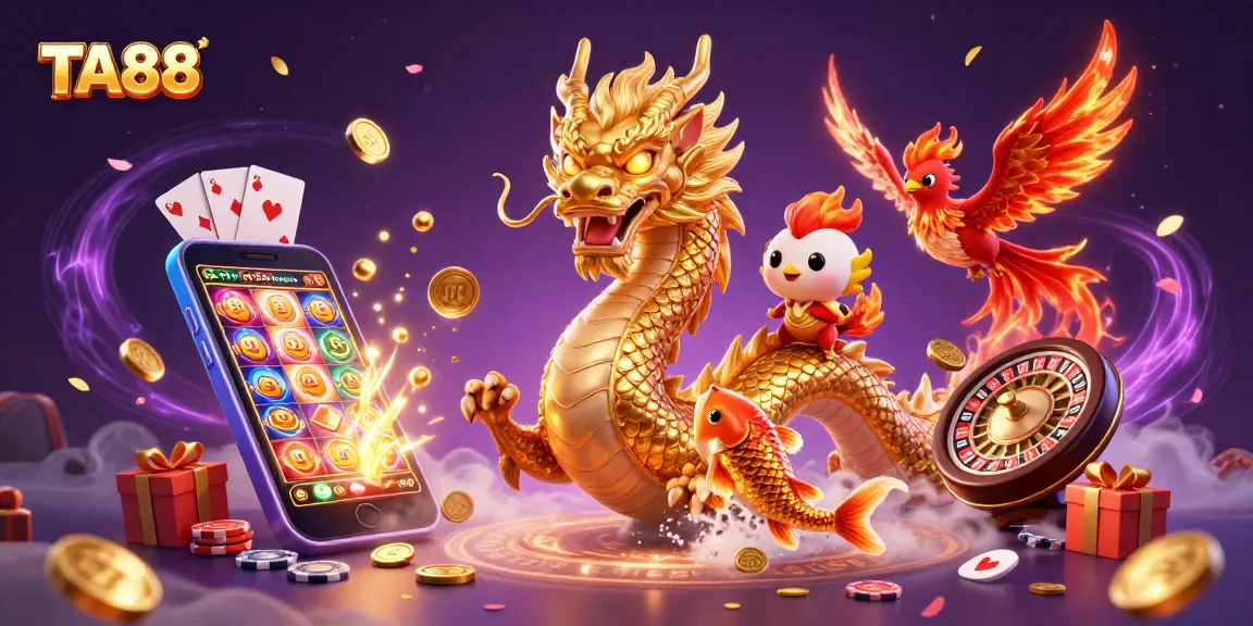 Engage with TA88 at a vibrant online casino, featuring a golden dragon and animated games.