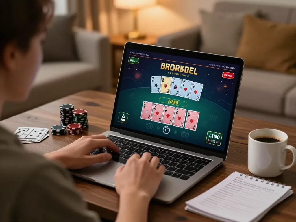 33win player engaging in live dealer blackjack at home, warm cozy atmosphere.