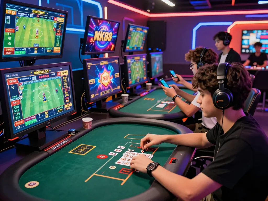 Engaged gamer experiencing NK88's interactive online gambling universe with vibrant visuals