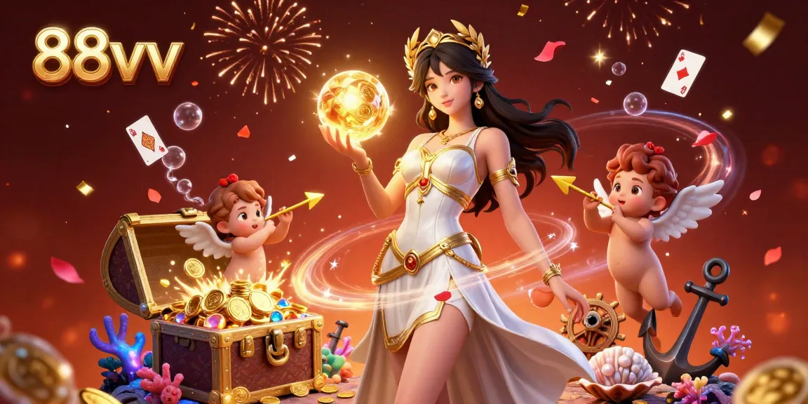Experience the thrilling world of 88vv with a captivating goddess surrounded by playful cherubs and vibrant casino elements.