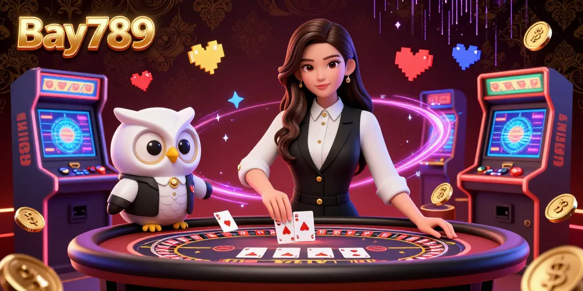 Experience the thrill of Bay789 with elegant dealers, vibrant game elements, and immersive casino ambiance.