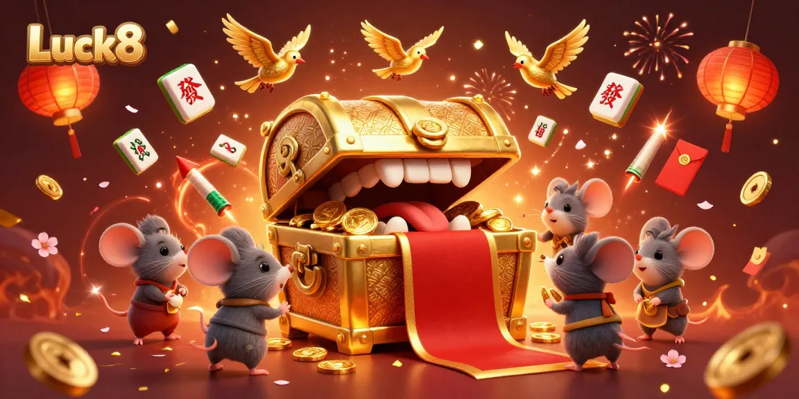 Engage with the golden treasure chest at Luck8, amid floating mahjong tiles and vibrant red envelopes.