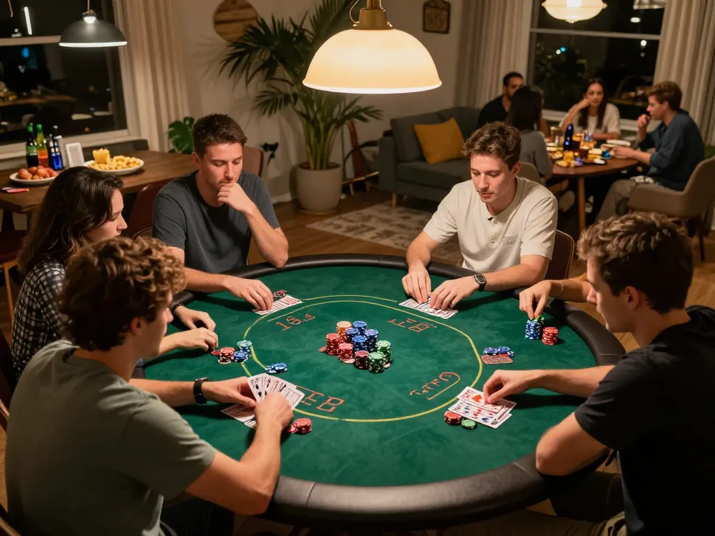Engaged friends playing poker at home, highlighting open88 gaming strategy and excitement.