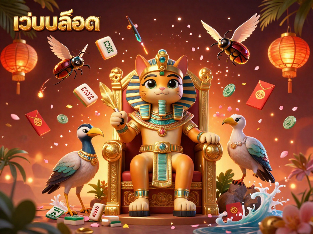 Experience เว็บสล็อต with a dazzling pharaoh cat and vibrant casino symbols in a rich 3D scene.